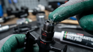 Dettaglio lubrificazione del filetto per montaggio pedali bici universali ZTech.